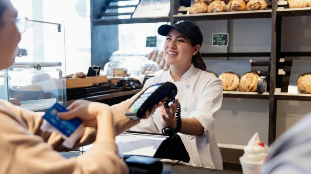Customer purchases soft serve ice cream at bakery to go with their pasteries