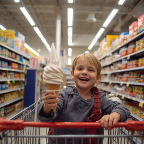 Little kid in grocery cart excited to eat an ice cream cone