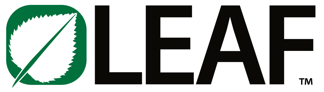 A transparent leaf in a green background. Next to it is the word leaf, all in black upercase letters, trademarked.